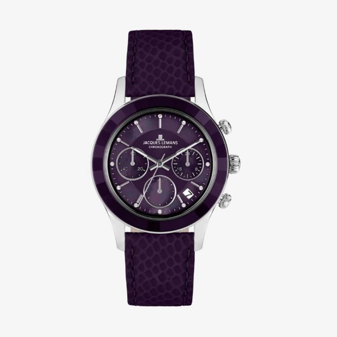 Montre Femme Chronographe Jacques Lemans Venise – Quartz, Acier, Bracelet Cuir violet, Cadran Nacre Cristaux, 38 mm, Etanche 5 ATM - 1-2151J