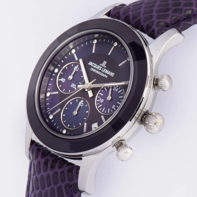 Montre Femme Chronographe Jacques Lemans Venise – Quartz, Acier, Bracelet Cuir violet, Cadran Nacre Cristaux, 38 mm, Etanche 5 ATM - 1-2151J