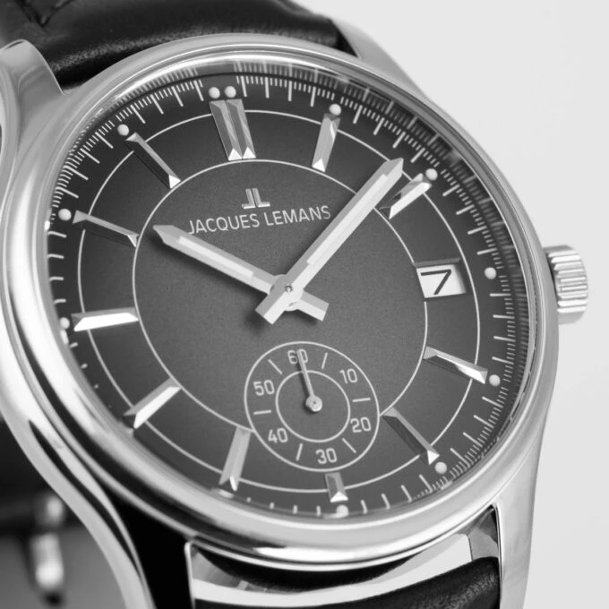 Montre Quartz Homme - Jacques Lemans – acier inoxydable, Cadran Noir, bracelet cuir, verre minéral, étanche 10 bar, date, 41 mm - 1-2197A