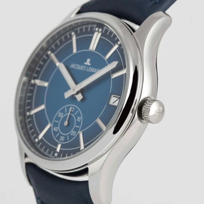montre quartz homme jacques lemans – acier inoxydable, cadran bleue, bracelet cuir, verre minéral, étanche 10 bar, date, 41 mm 1 2197b