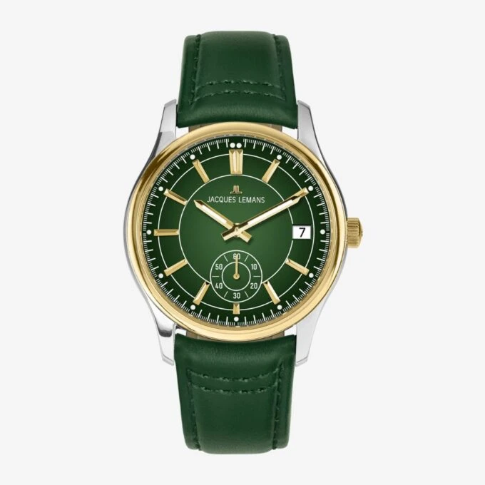 Montre Quartz Homme - Jacques Lemans – acier inoxydable, cadran vert, bracelet cuir, verre minéral, étanche 10 bar, date, 41 mm - 1-2197D