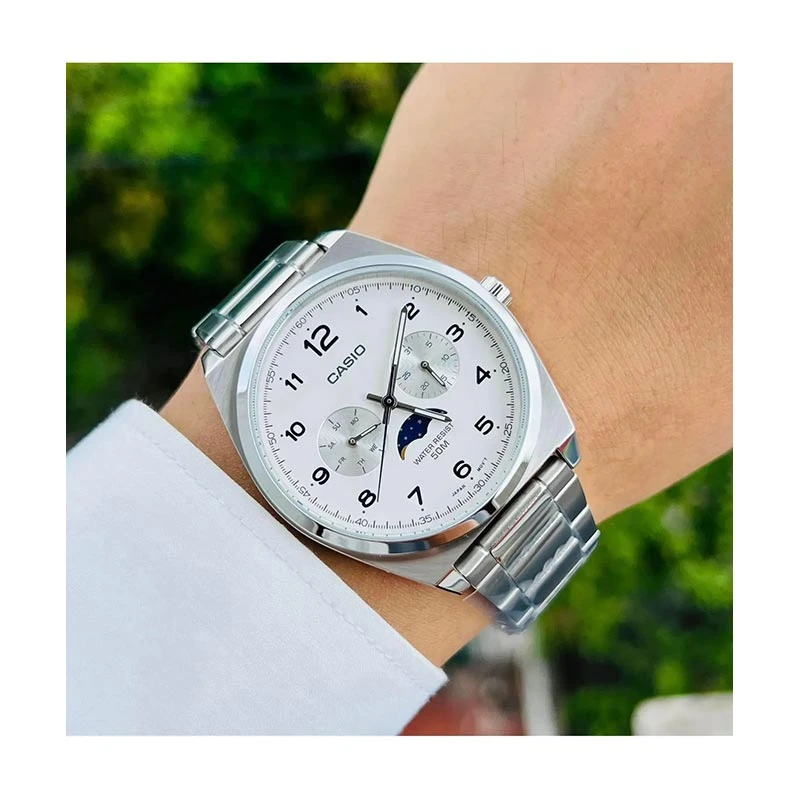 montre classique homme casio analogique phase de lune, date, jour, Étanche 50m acier inoxydable blanc mtp m300d 7avdf