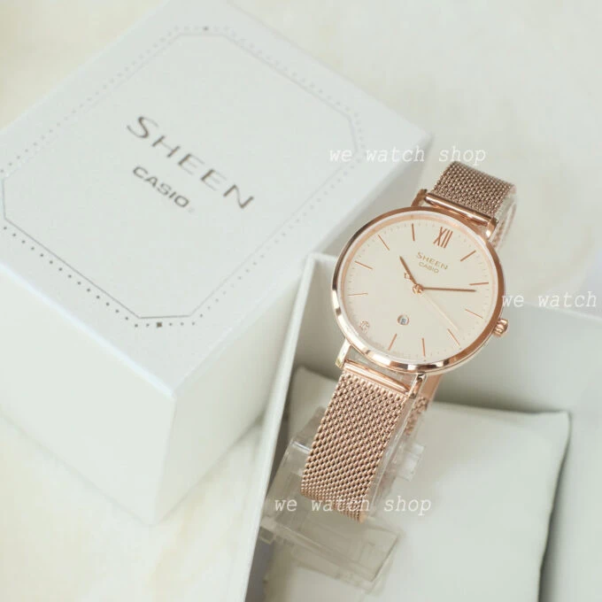 montre classique femme casio sheen she 4539cgm 4audf acier inoxydable, bracelet maille, rose doré, Étanche boutique aïwatch