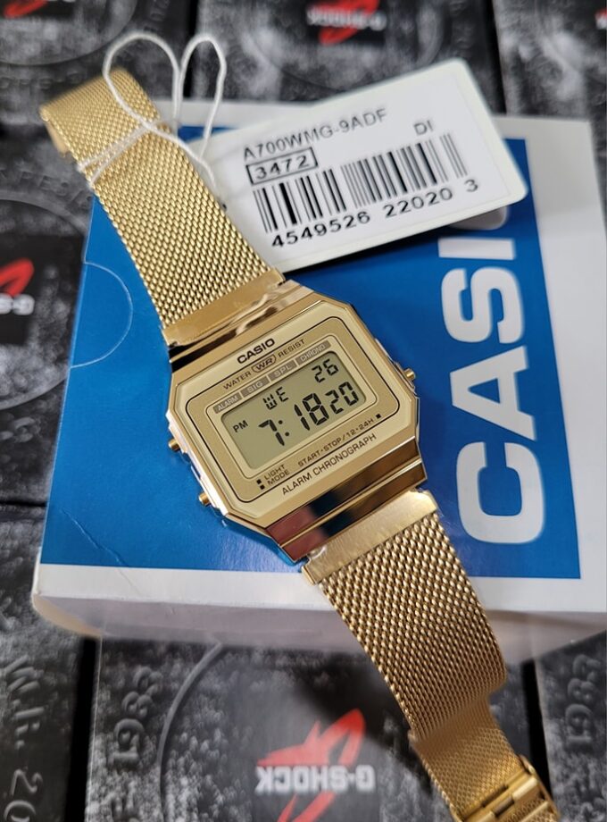 Montre Unisexe Casio – A700WMG-9ADF – Quartz, LED, Chronomètre, Alarme, Résistante à l’eau – Bracelet acier inoxydable – Or – Référence A700WMG-9ADF