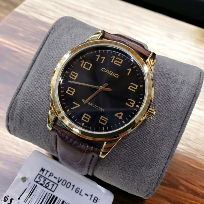 Montre Homme Casio – Classique, Bracelet Cuir, Garantie 3 ans, Étanche, Dorée – Référence MTP-V001GL-1BUDF
