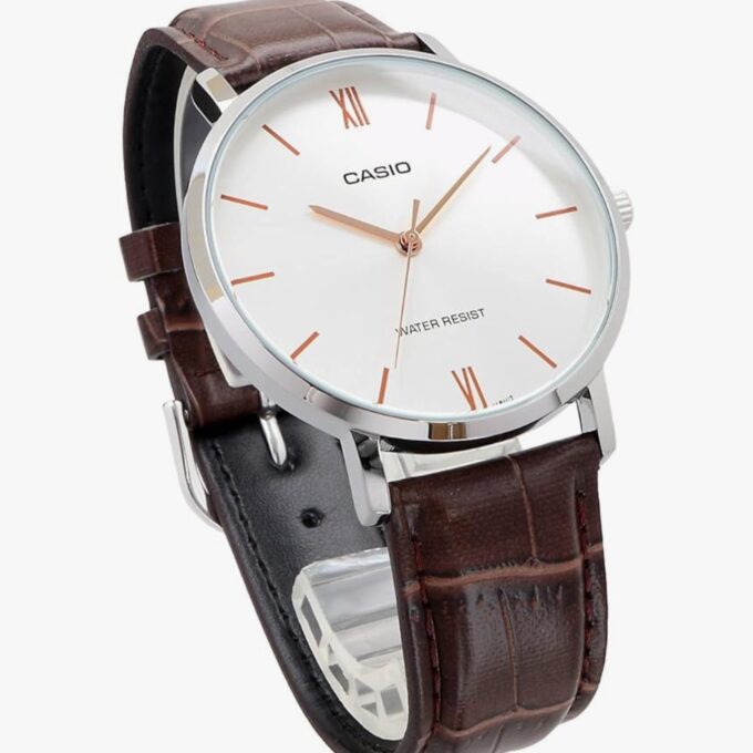 Montre Homme Casio MTP-VT01L-7B2UDF - Analogique, Résistante à leau, Bracelet Cuir Marron, Boîtier 46mm, Autonomie 3 ans