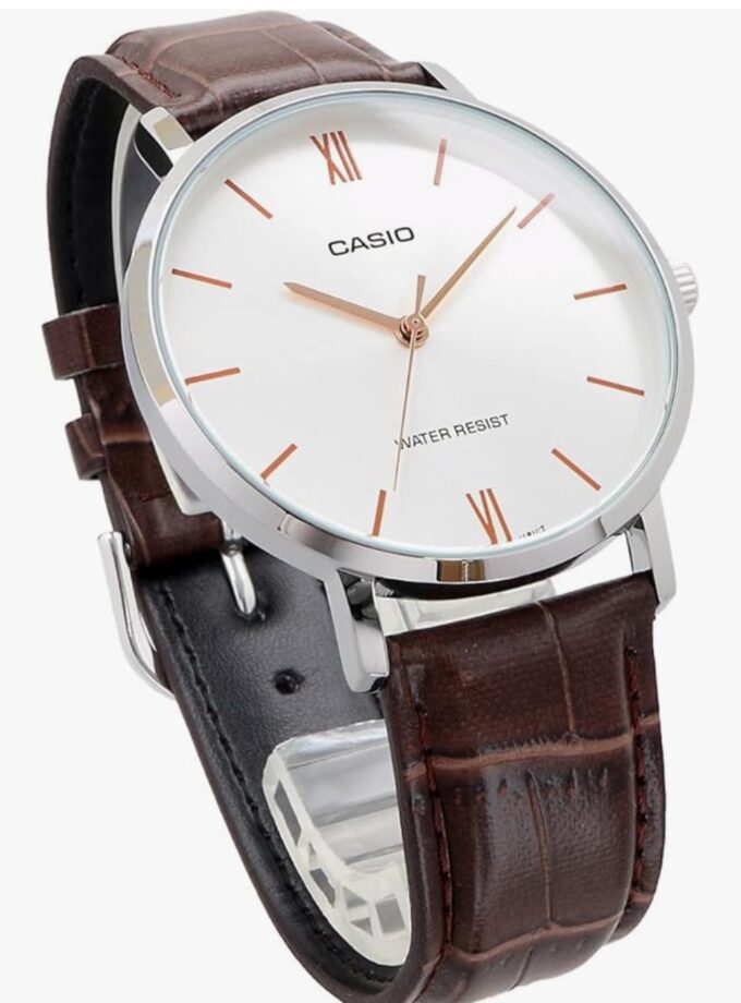 Montre Homme Casio MTP-VT01L-7B2UDF - Analogique, Résistante à leau, Bracelet Cuir Marron, Boîtier 46mm, Autonomie 3 ans