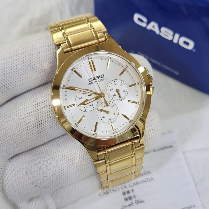 Montre CASIO Homme - Bracelet DoRée En Acier Inoxydable - Cadran Blanc - 12 Mois De Garantie - MTP-V300G-7AUDF