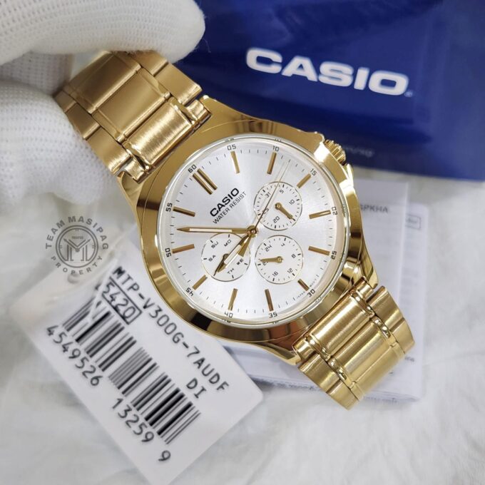 Montre CASIO Homme - Bracelet DoRée En Acier Inoxydable - Cadran Blanc - 12 Mois De Garantie - MTP-V300G-7AUDF