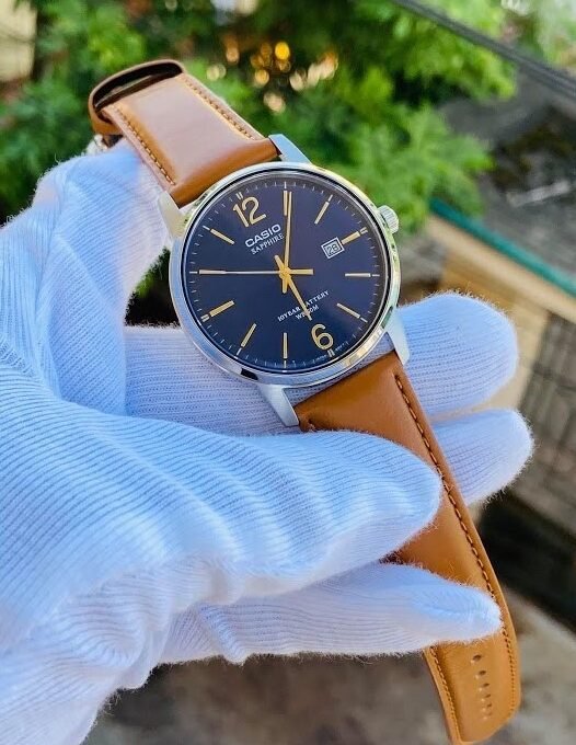 Montre CASIO Homme - MTS-110L-2AVDF - Verre sapphire - Bracelet Marron En Cuir Véritable - Résistante à l'eau - 12 Mois De Garantie