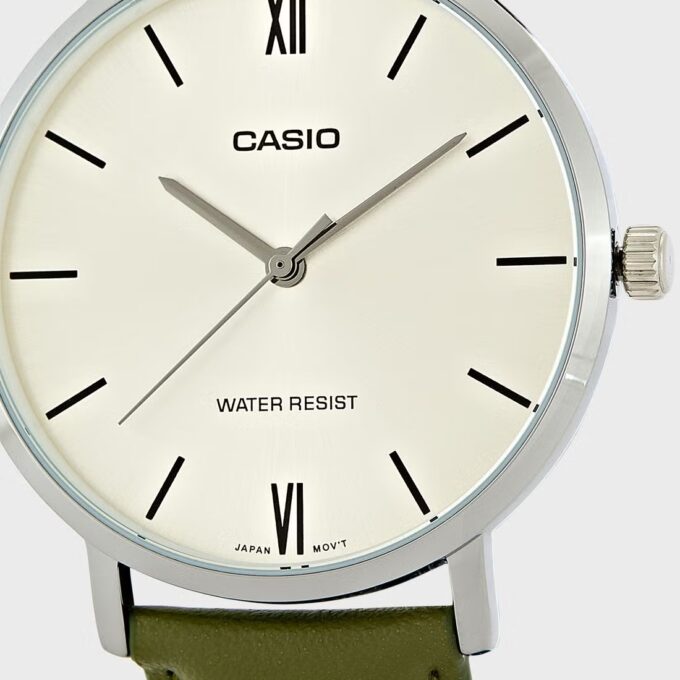 Montre CASIO Homme - MTP-VT01L-3BUDF - Bracelet Vert En Cuir Véritable - Cadran Gris - Résistante à l'eau - 12 Mois De Garantie