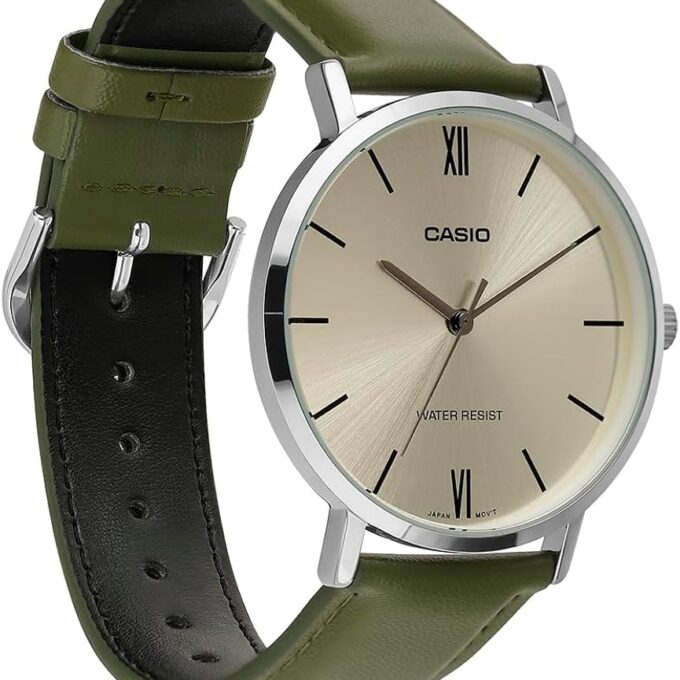 Montre CASIO Homme - MTP-VT01L-3BUDF - Bracelet Vert En Cuir Véritable - Cadran Gris - Résistante à l'eau - 12 Mois De Garantie