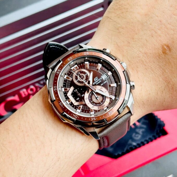 Montre CASIO Homme - EFR-539L-5AVUDF - Bracelet Marron En Cuir Véritable - Cadran Marron - 12 Mois De Garantie