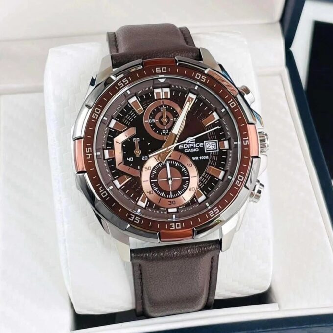 Montre CASIO Homme - EFR-539L-5AVUDF - Bracelet Marron En Cuir Véritable - Cadran Marron - 12 Mois De Garantie