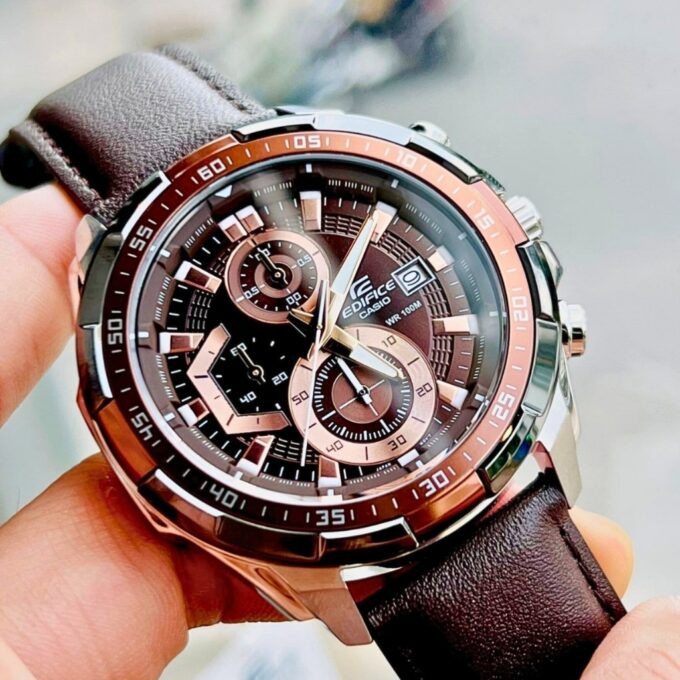 Montre CASIO Homme - EFR-539L-5AVUDF - Bracelet Marron En Cuir Véritable - Cadran Marron - 12 Mois De Garantie