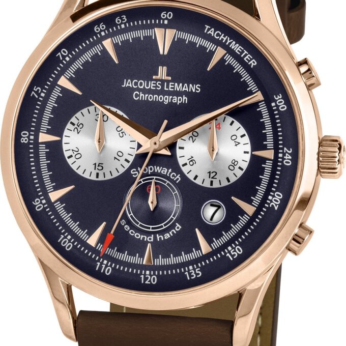 Montre Jacques Lemans Homme - Bracelet En Cuir Véritable Marron - Cadran Rond Bleu - Etanche - Garantie 12 mois - 1-2068G