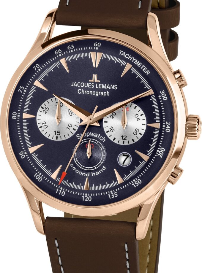 Montre Jacques Lemans Homme - Bracelet En Cuir Véritable Marron - Cadran Rond Bleu - Etanche - Garantie 12 mois - 1-2068G