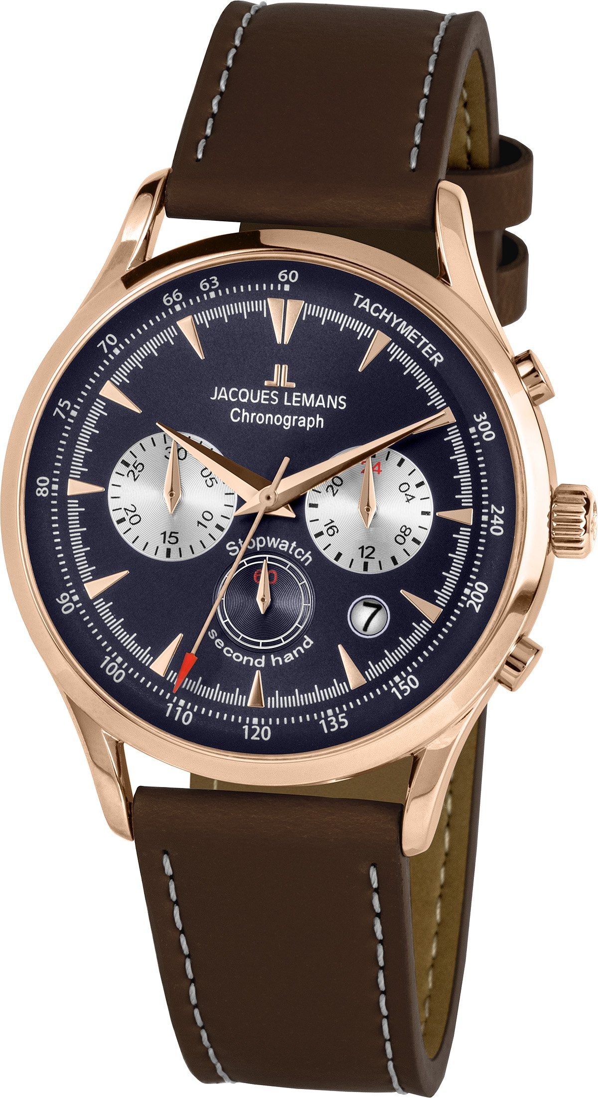 montre jacques lemans homme bracelet en cuir véritable marron cadran rond bleu etanche garantie 12 mois 1 2068g