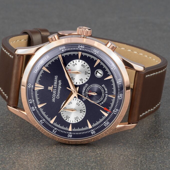 Montre Jacques Lemans Homme - Bracelet En Cuir Véritable Marron - Cadran Rond Bleu - Etanche - Garantie 12 mois - 1-2068G