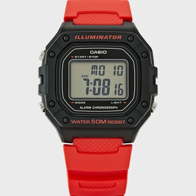 Montre CASIO Homme - W-218H-4BVDF - Bracelet Rouge En Résine - Boitier En Résine - Résistante à l'eau - 12 Mois De Garantie