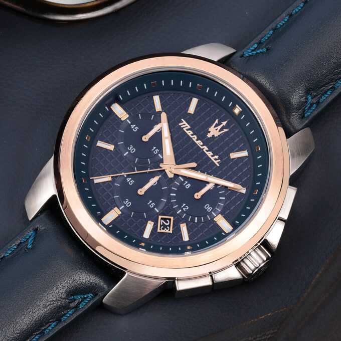 aiwatch_R8871621015 - Montre Maserati Homme - Bracelet En Cuir Véritable Bleu - Cadran Bleu - Etanche - Garantie 12 mois - R8871621015