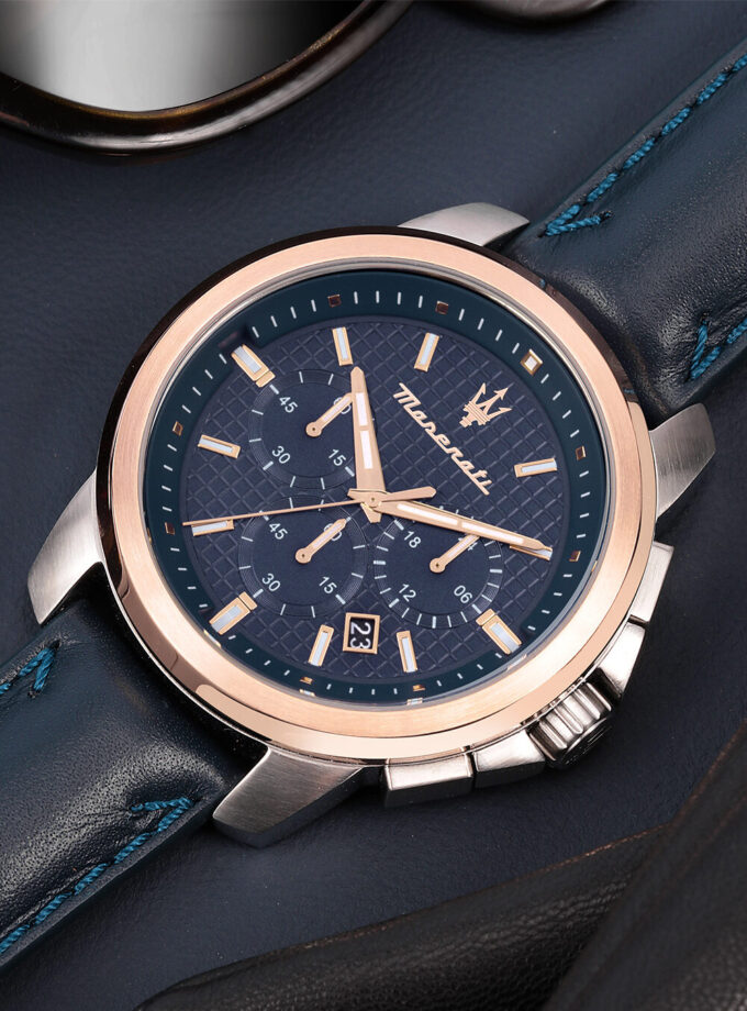 aiwatch_R8871621015 - Montre Maserati Homme - Bracelet En Cuir Véritable Bleu - Cadran Bleu - Etanche - Garantie 12 mois - R8871621015
