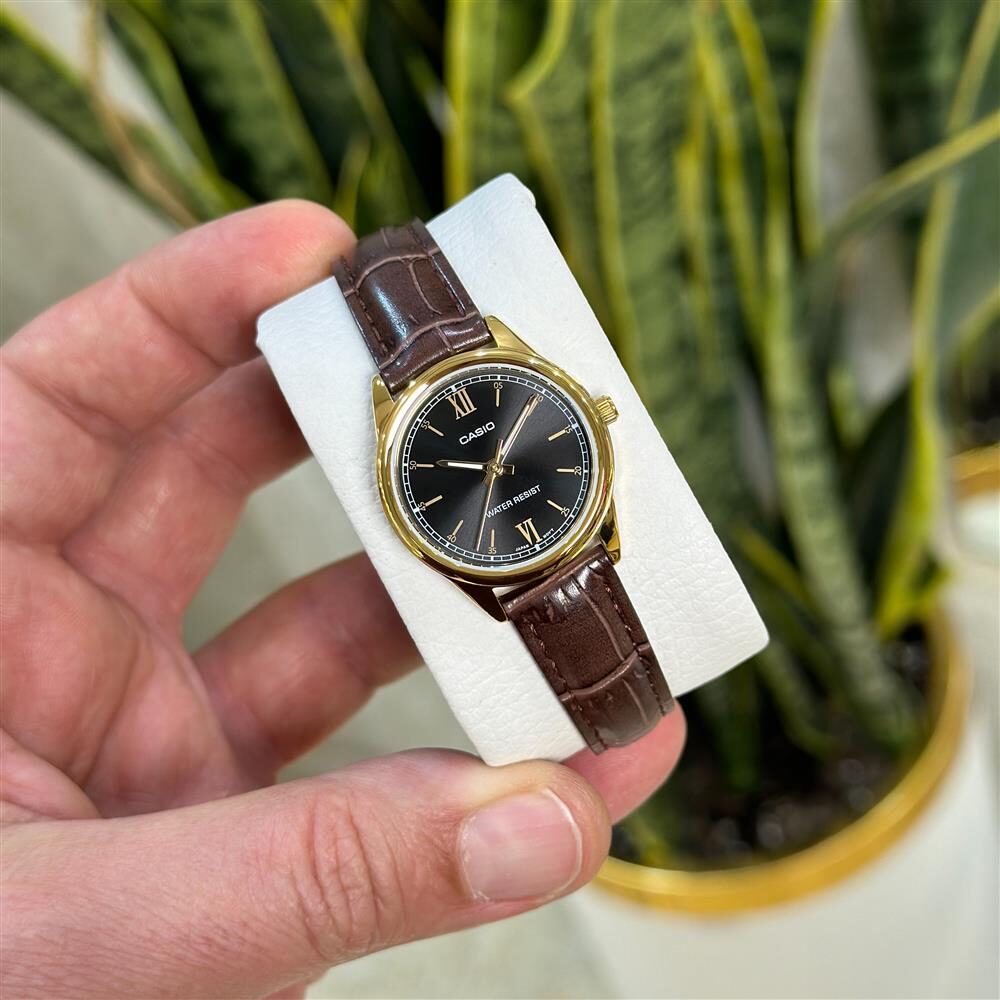 aiwatch_LTP-V005GL-1B2UDF - Montre CASIO Femme - LTP-V005GL-1B2UDF - Bracelet Marron En Cuir Véritable - Résistante à l'eau - 12 Mois De Garantie