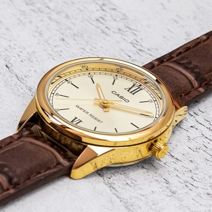 Montre Femme CASIO - LTP-V005GL-9BUDF - Bracelet Marron En Cuir Véritable - Cadran Jaune - 12 Mois De Garantie