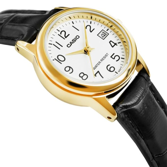 Montre CASIO Femme - Bracelet Noir En Cuir Véritable - Cadran Blanc - 12 Mois De Garantie - LTP-V002GL-7B2UDF