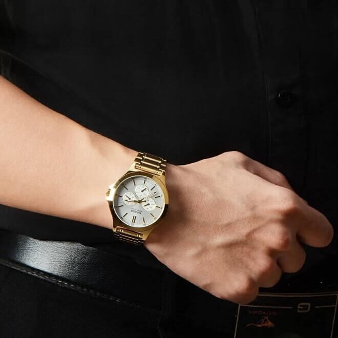 aiwatch_MTP-V300G-7AUDF - Montre CASIO Homme - Bracelet DoRée En Acier Inoxydable - Cadran Blanc - 12 Mois De Garantie - MTP-V300G-7AUDF