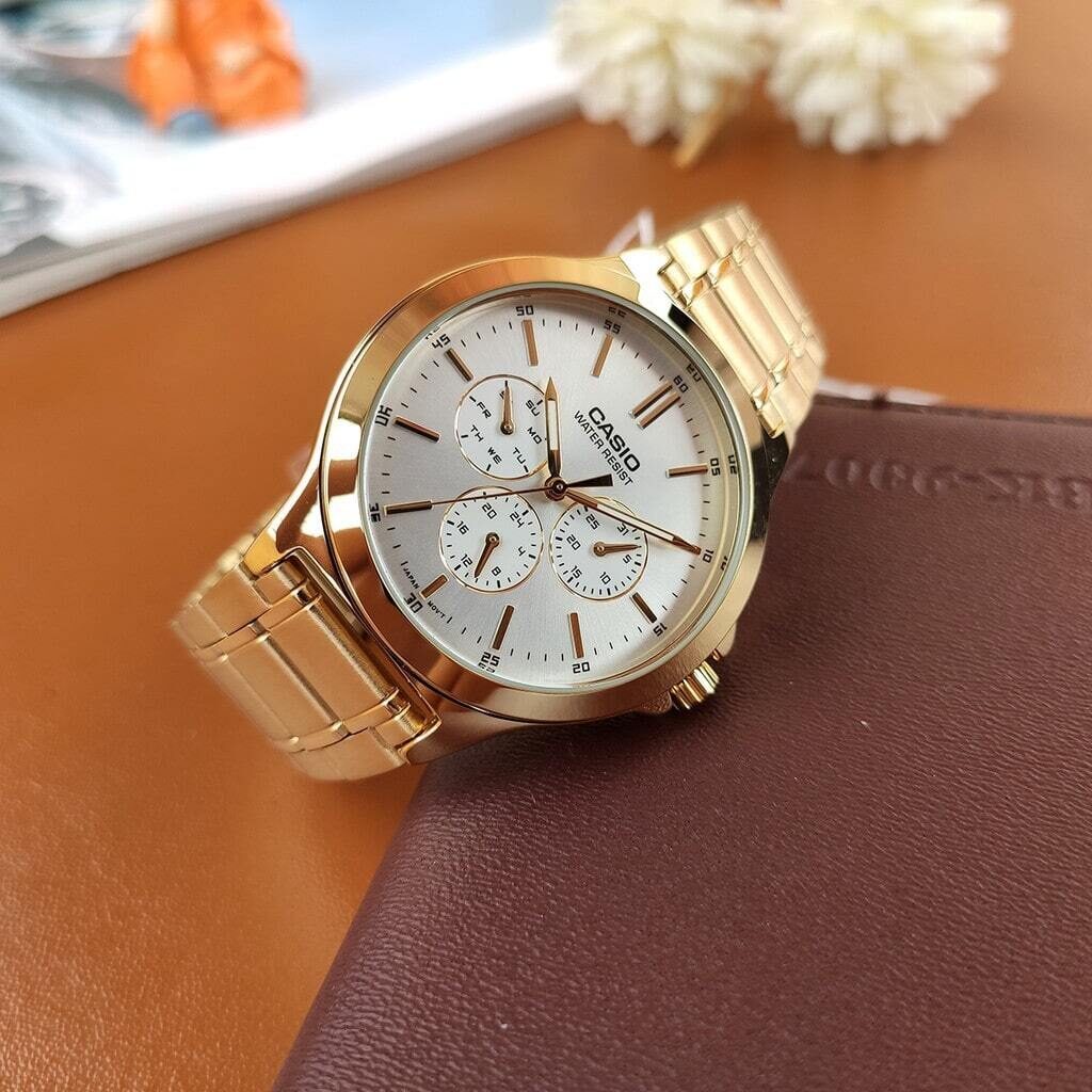 aiwatch_MTP-V300G-7AUDF - Montre CASIO Homme - Bracelet DoRée En Acier Inoxydable - Cadran Blanc - 12 Mois De Garantie - MTP-V300G-7AUDF