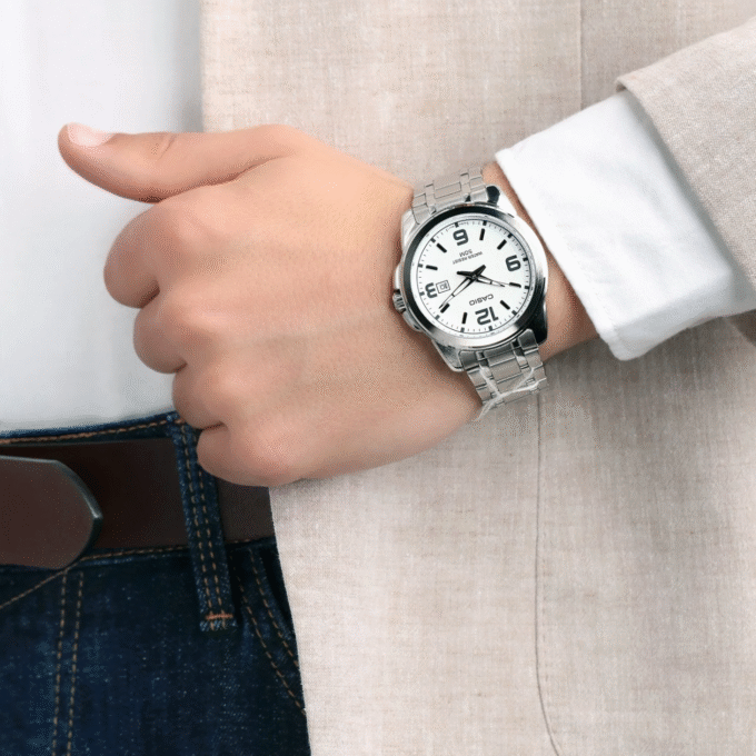 Montre CASIO Homme - MTP-1314D-7AVDF - Bracelet Gris En Acier Inoxydable - Cadran Blanc - 12 Mois De Garantie