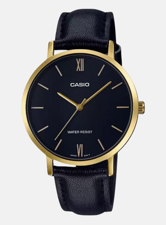 Montre CASIO Femme - LTP-VT01GL-1BUDF - Bracelet Noir En Cuir Véritable - Résistante à l'eau - 12 Mois De Garantie