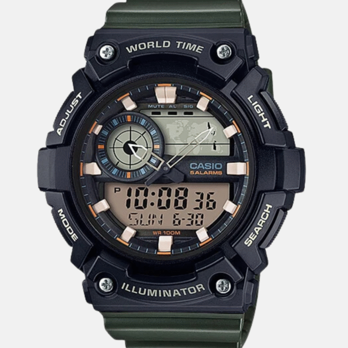 Montre CASIO Jeunesse - AEQ-200W-3AVDF - Bracelet Vert En Resine - Résistante à l'eau - 12 Mois De Garantie