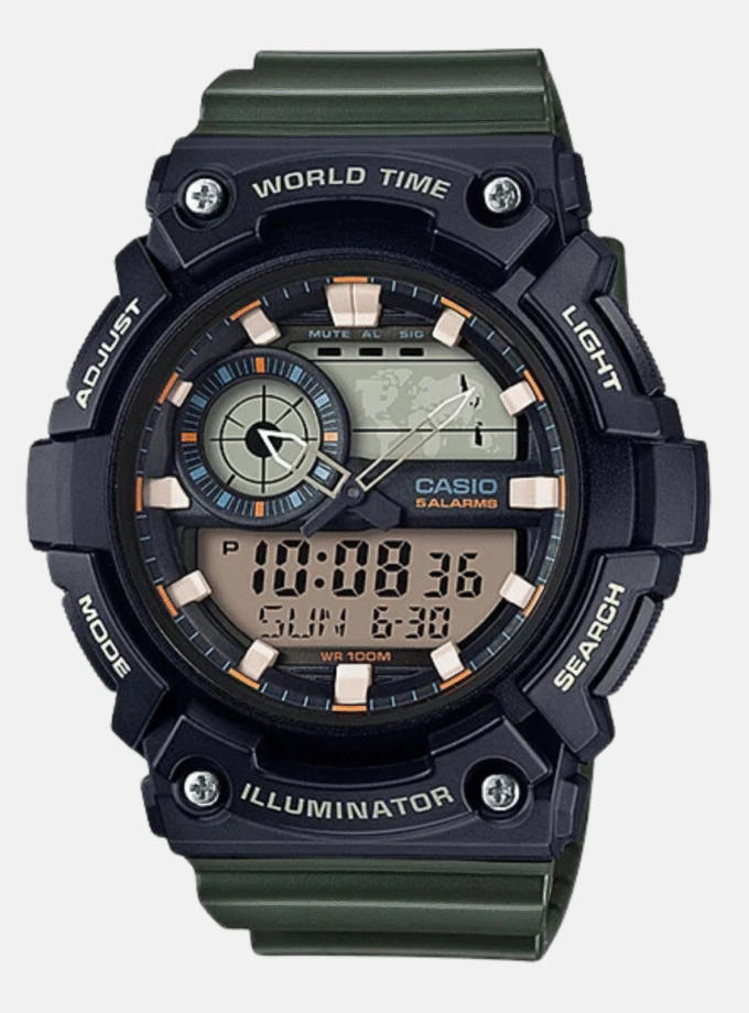 Montre CASIO Jeunesse - AEQ-200W-3AVDF - Bracelet Vert En Resine - Résistante à l'eau - 12 Mois De Garantie