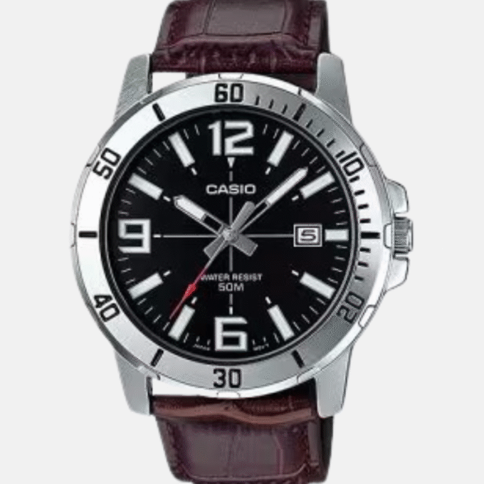 Montre CASIO Homme - MTP-VD01L-1BVUDF - Bracelet Marron En Cuir Véritable - Résistante à l'eau - 12 Mois De Garantie