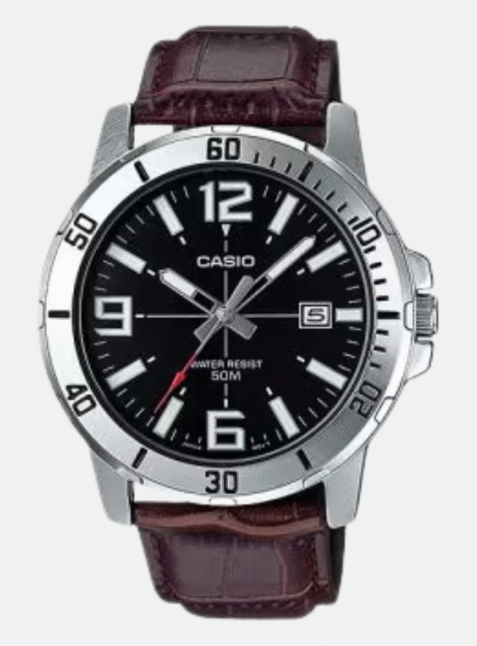 Montre CASIO Homme - MTP-VD01L-1BVUDF - Bracelet Marron En Cuir Véritable - Résistante à l'eau - 12 Mois De Garantie