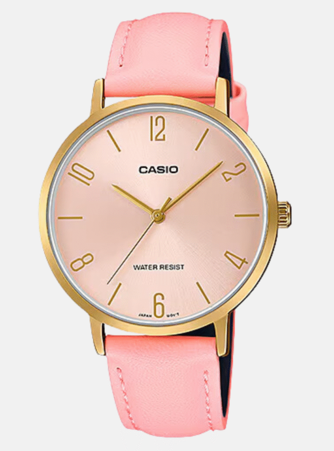 Montre CASIO Femme - LTP-VT01GL-4BUDF - Bracelet Rose En Cuir Véritable - Affichage analogique - Résistante à l'eau - 12 Mois De Garantie