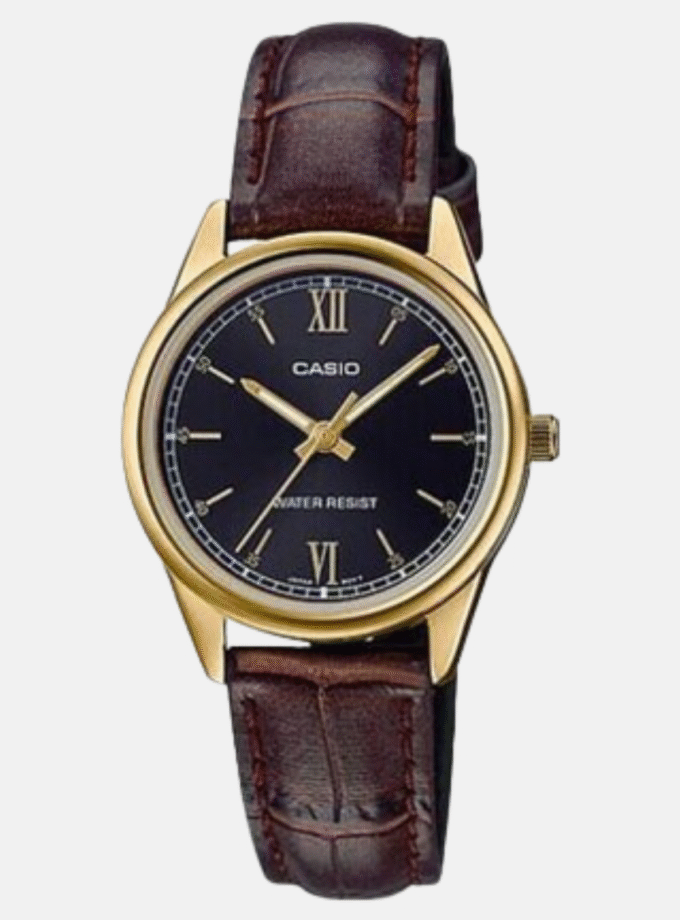 Montre CASIO Femme - LTP-V005GL-1B2UDF - Bracelet Marron En Cuir Véritable - Résistante à l'eau - 12 Mois De Garantie