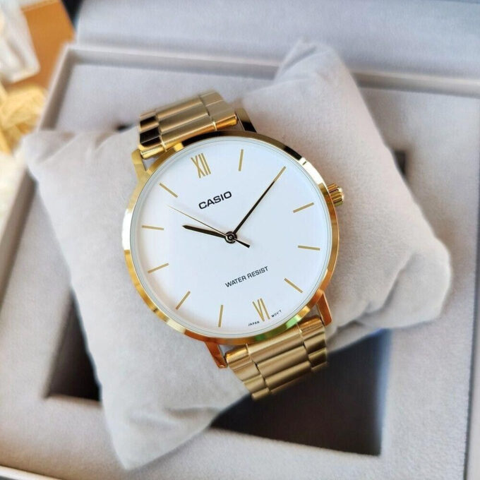 Montre CASIO Homme - MTP-VT01G-7BUDF - Bracelet Dorée En Acier Inoxydable - Cadran Blanc - 12 Mois De Garantie