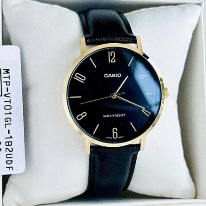 Montre CASIO Homme - MTP-VT01GL-1B2UDF - Bracelet Noir En Cuir Véritable - Résistante à l'eau - 12 Mois De Garantie