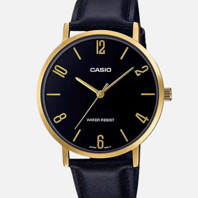 Montre CASIO Homme - MTP-VT01GL-1B2UDF - Bracelet Noir En Cuir Véritable - Résistante à l'eau - 12 Mois De Garantie