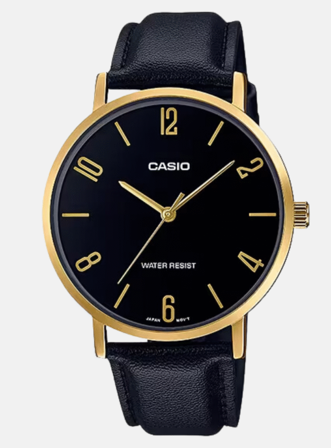Montre CASIO Homme - MTP-VT01GL-1B2UDF - Bracelet Noir En Cuir Véritable - Résistante à l'eau - 12 Mois De Garantie