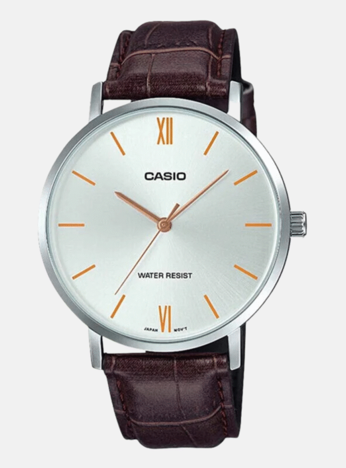Montre Homme Casio MTP-VT01L-7B2UDF - Analogique, Résistante à leau, Bracelet Cuir Marron, Boîtier 46mm, Autonomie 3 ans