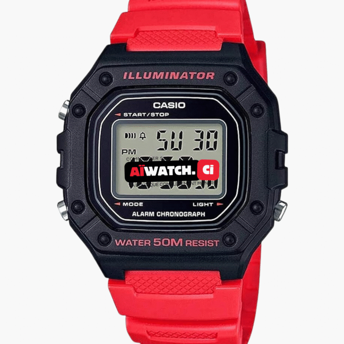 Montre CASIO Homme - W-218H-4BVDF - Bracelet Rouge En Résine - Boitier En Résine - Résistante à l'eau - 12 Mois De Garantie