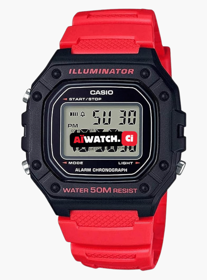 Montre CASIO Homme - W-218H-4BVDF - Bracelet Rouge En Résine - Boitier En Résine - Résistante à l'eau - 12 Mois De Garantie