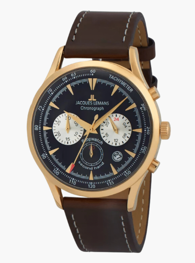 Montre Jacques Lemans Homme - 1-2068K - Bracelet En Cuir Véritable Marron - Cadran Bleu - Etanche - Garantie 12 mois