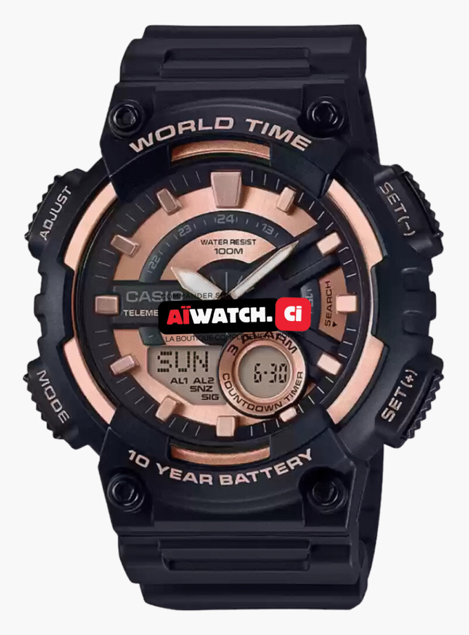 Montre CASIO Homme - AEQ-110W-1A3VDF - Bracelet Noir En Resine - Boitier En Resine - Résistante à l'eau - 12 Mois De Garantie