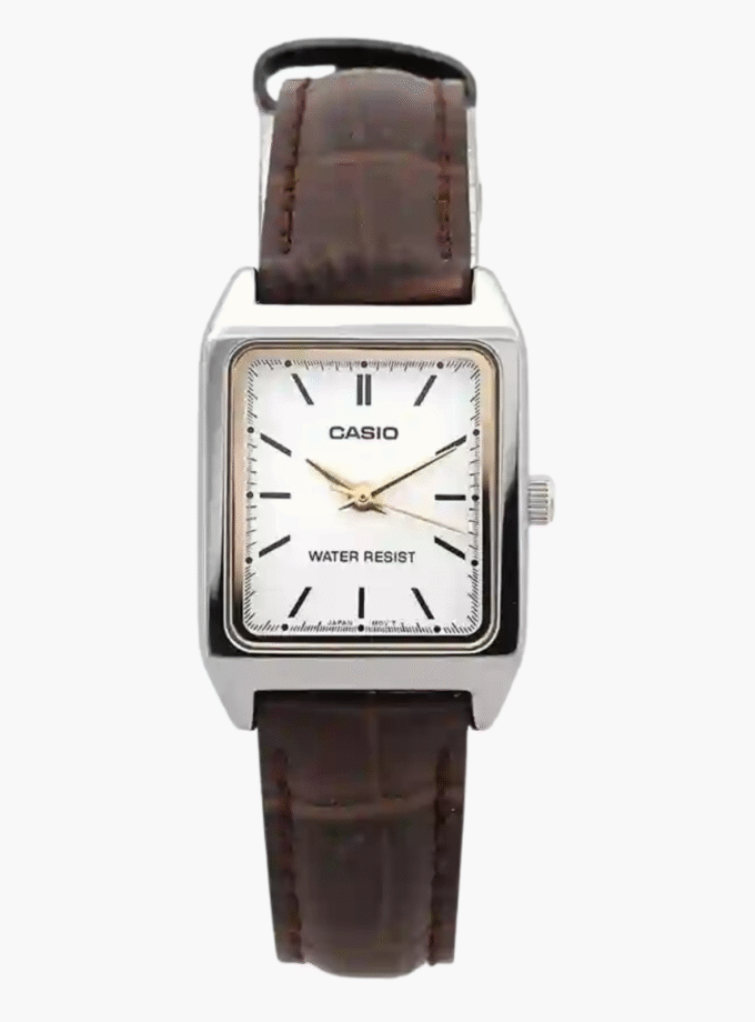 Montre CASIO Femme - LTP-V007L-7E2UDF - Bracelet Marron En Cuir Véritable - Cadran Blanc - 12 Mois De Garantie