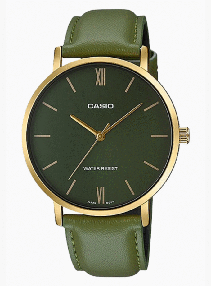 Montre CASIO Homme - MTP-VT01GL-3BUDF - Bracelet Vert En Cuir Véritable - Cadran Vert - 12 Mois De Garantie
